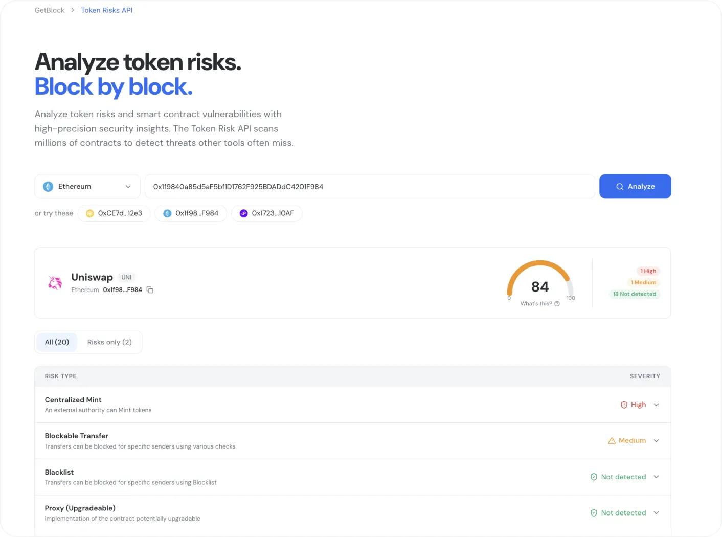 GetBlock ERC-20 smart contract risks scanner