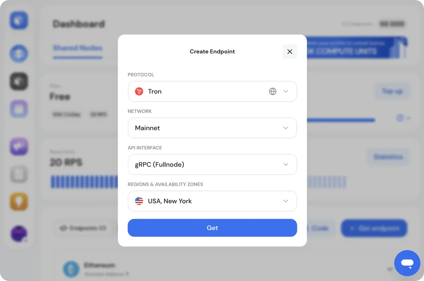 Creating a TRON gRPC endpoint in the GetBlock configurator takes about a minute: select network, pick gRPC, choose your region