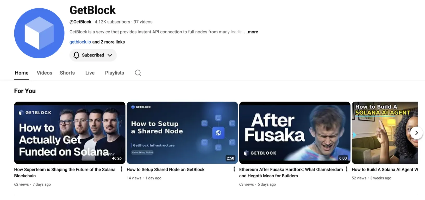 GetBlock's youTube channel for web3 developers