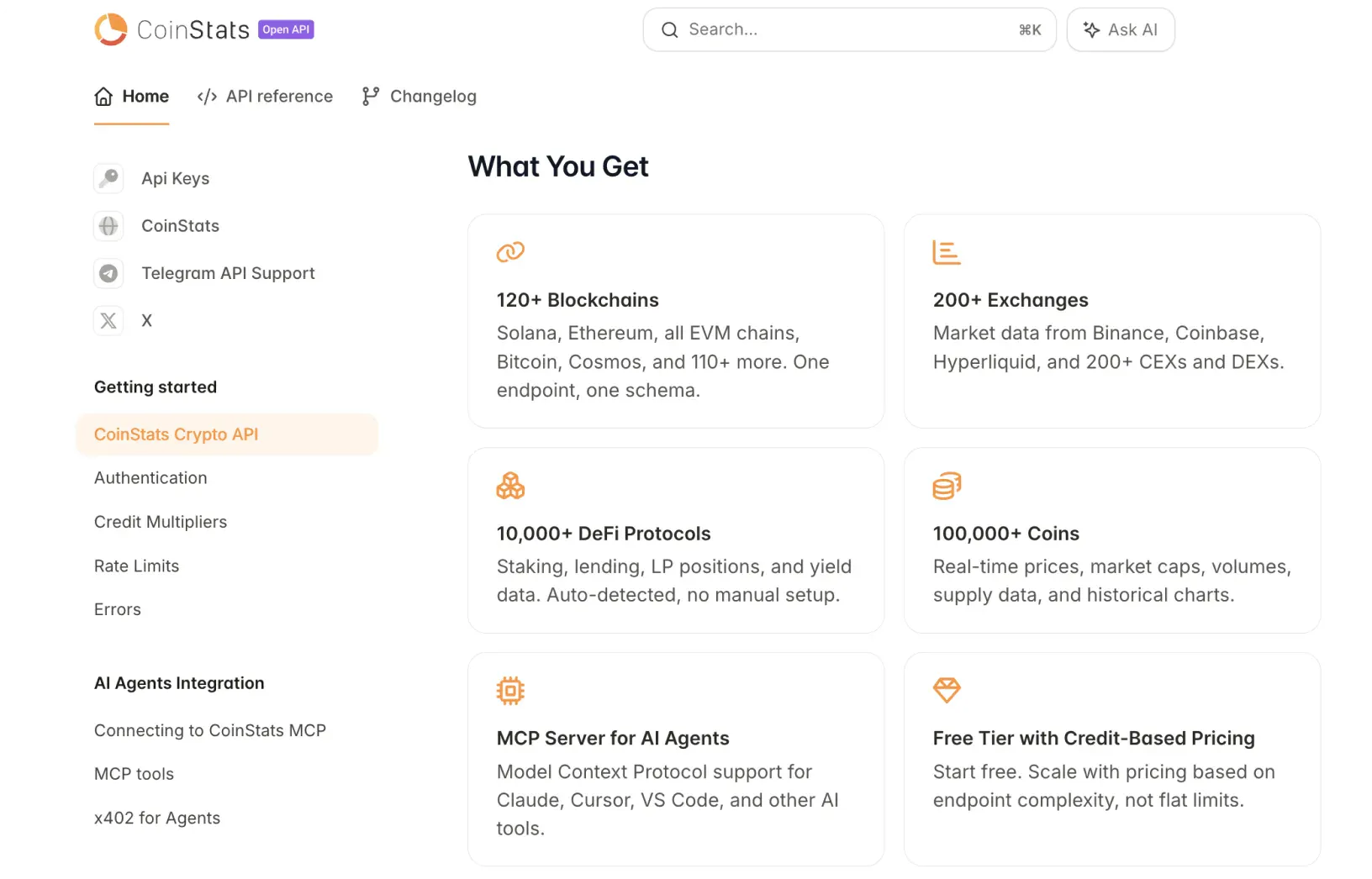 CoinStats API provides crypto market data, DeFi positions, exchange data, portfolio analytics, crypto news and sentiment, and an MCP server for AI agents