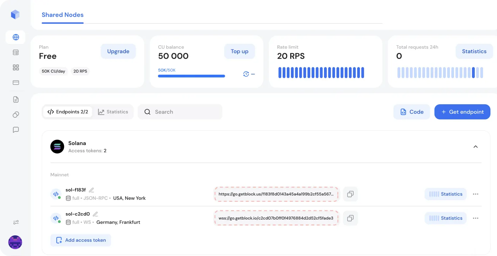 Solana API endpoints on GetBlock user dashboard