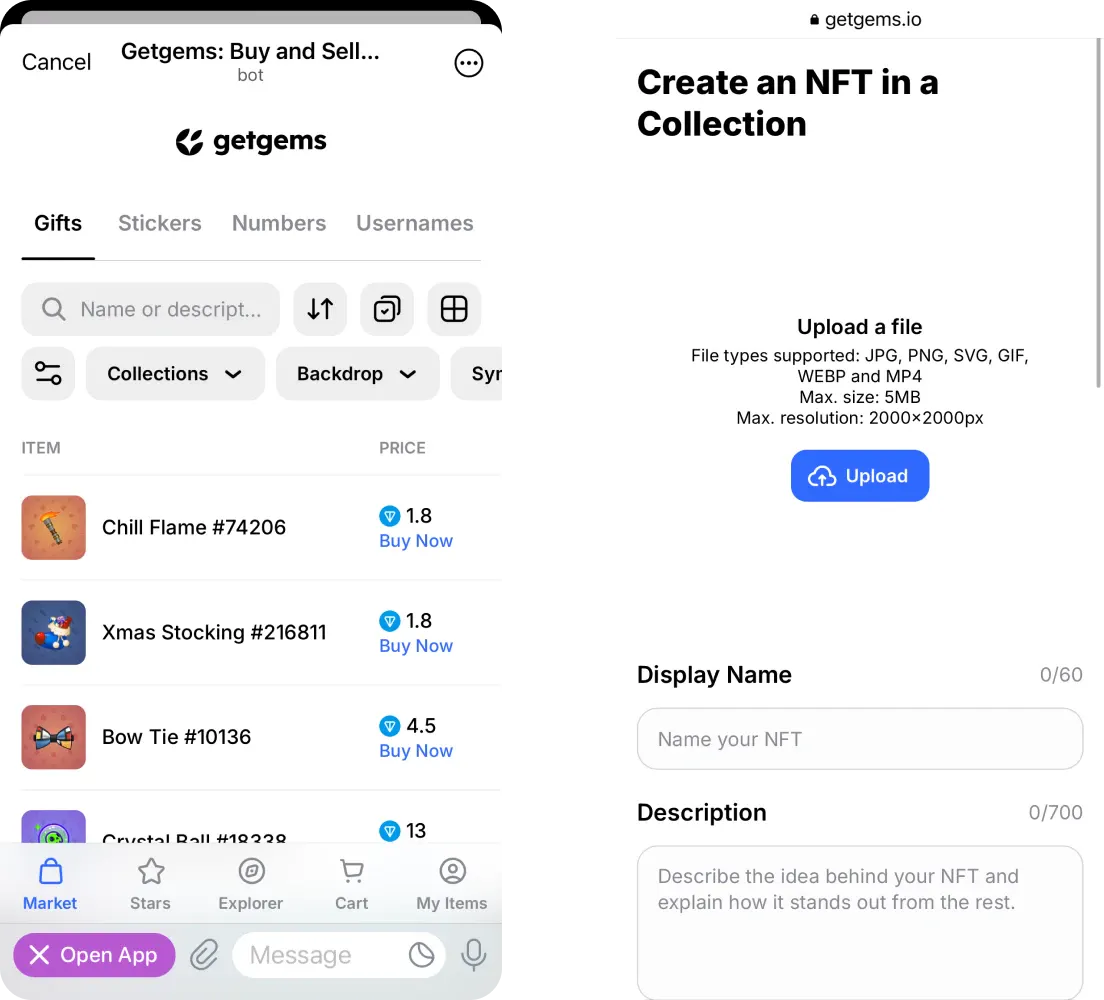 Getgems TON NFT collections with prices and NFT minting tool