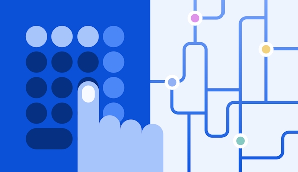 An illustrated finger presses the button of a calculator. Next to it, we can see a route emerging, with 4 location points, one for each driver.