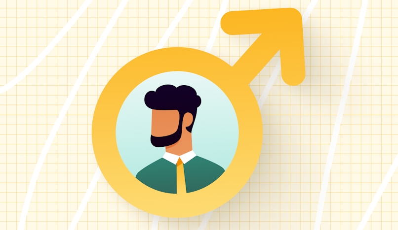 Headshot of a bearded man wearing a shirt and tie inside the Mars symbol