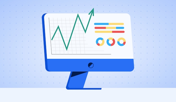 How routing and scheduling optimization helped 7 small-to-medium enterprised grow: represented using a screen of a desktop computer showing charts and an upward trend to indicate growth