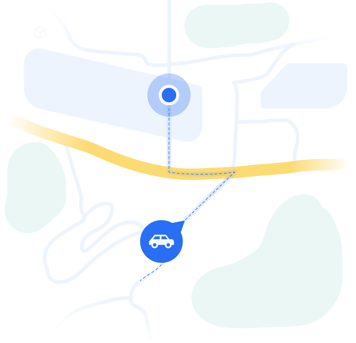 Abstract map graphic depicting a car icon following a dotted line towards a destination marker