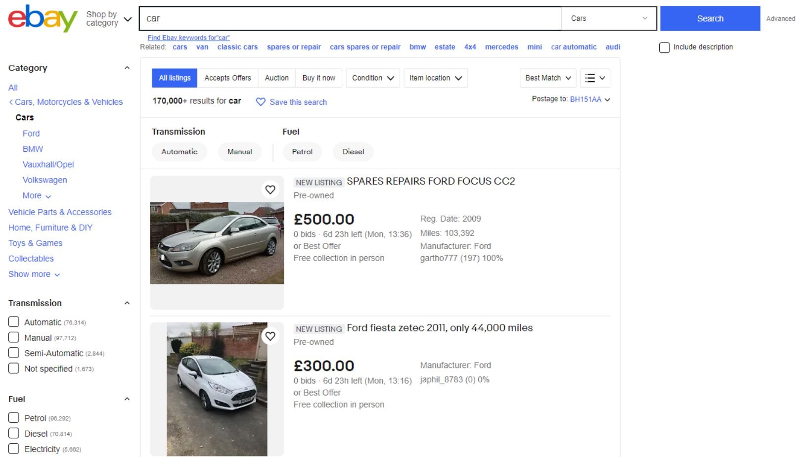 Steps on how to buy a car on eBay. The image features a computer screen displaying the eBay Motors website and a hand holding a credit card while filling out the payment details. The eBay Motors search bar and search results for 'used cars' are also visible on the screen, with a car image in the background.