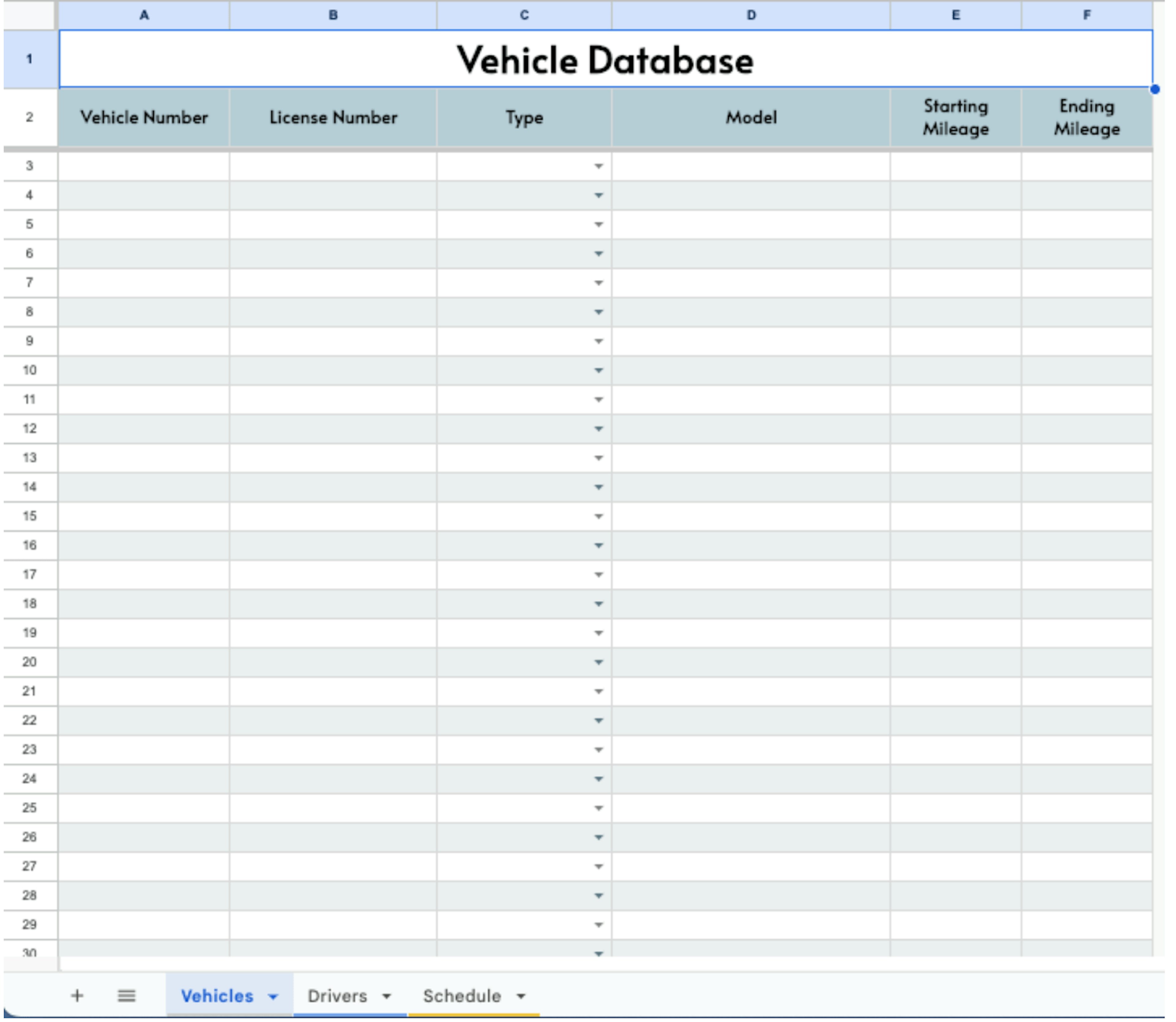 Blank vehicle database tab on a driver schedule spreadsheet, with columns for vehicle and license numbers, type, model, and mileage