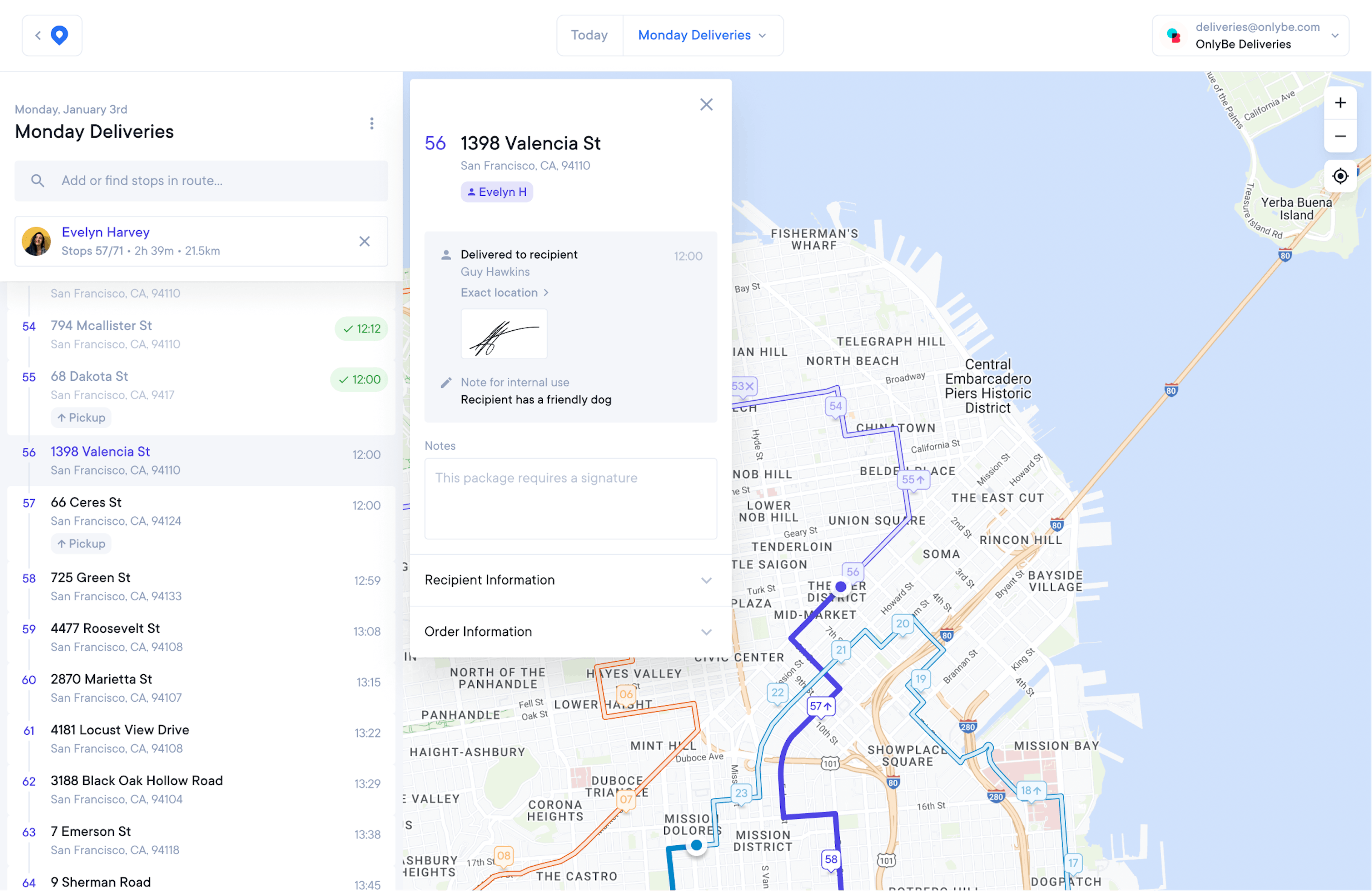 Product screenshot of Circuit for Teams showing GPS map with multiple delivery routes