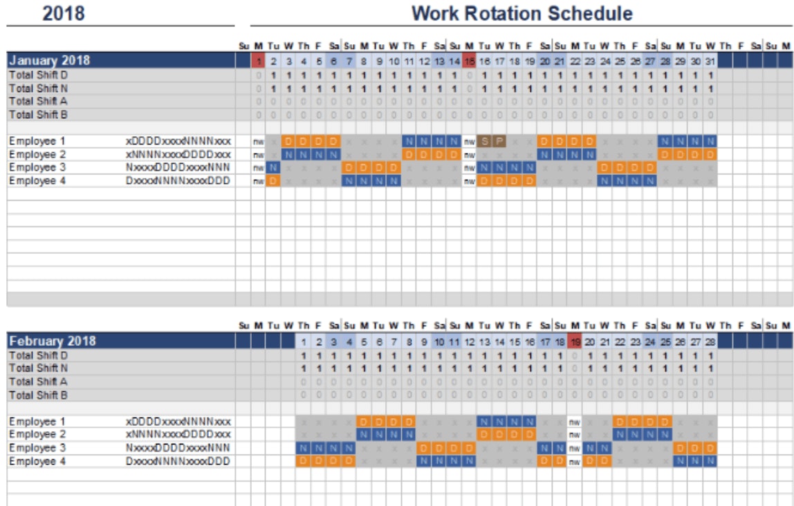 Monthly work rotation schedule showing shifts for employees with color-coded days and duties