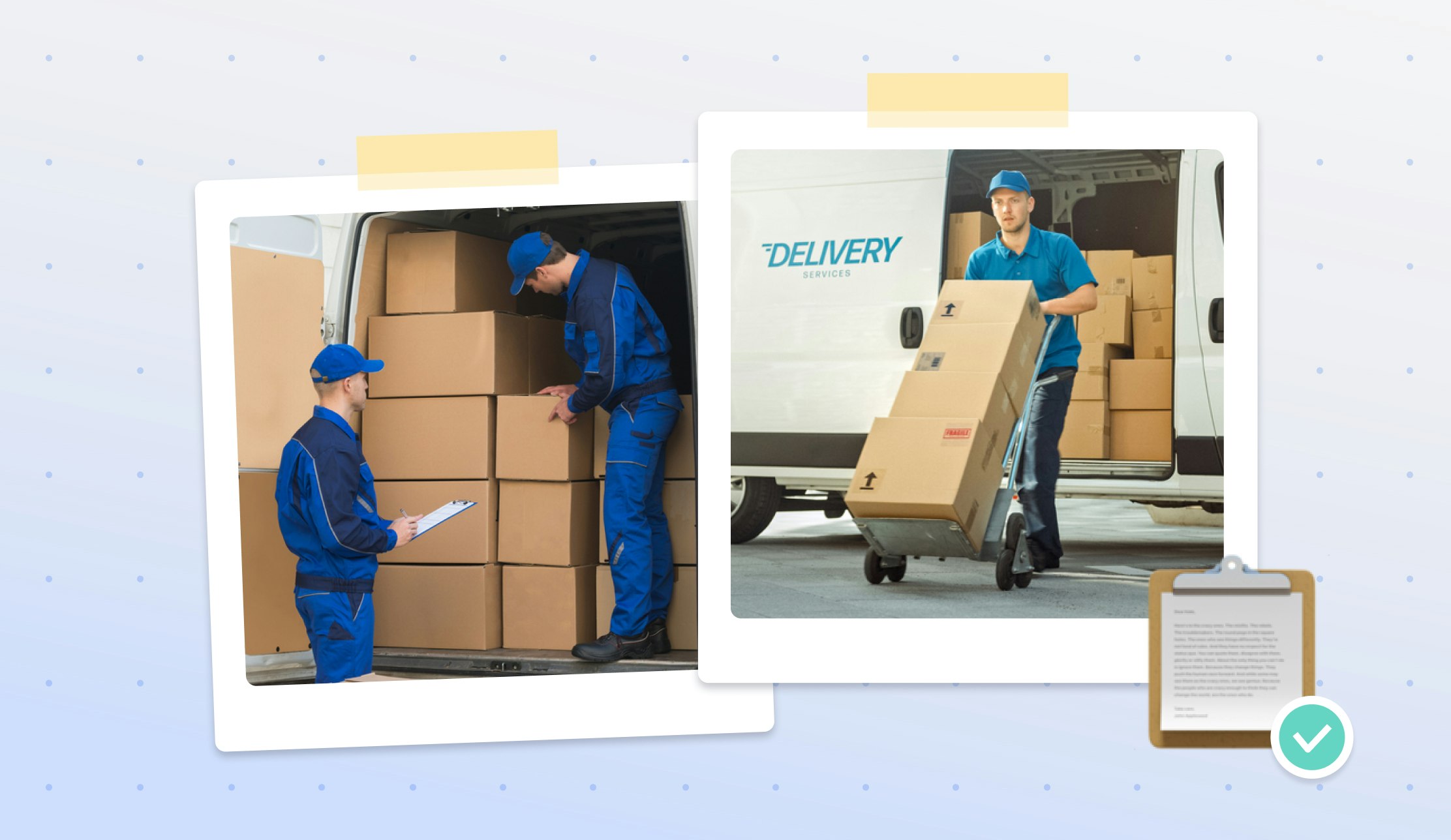 Two delivery drivers unloading cardboard boxes from the back of a white van. The delivery drivers are wearing blue uniforms and blue caps.