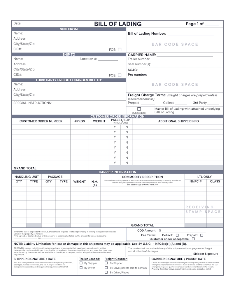 bill of lading form