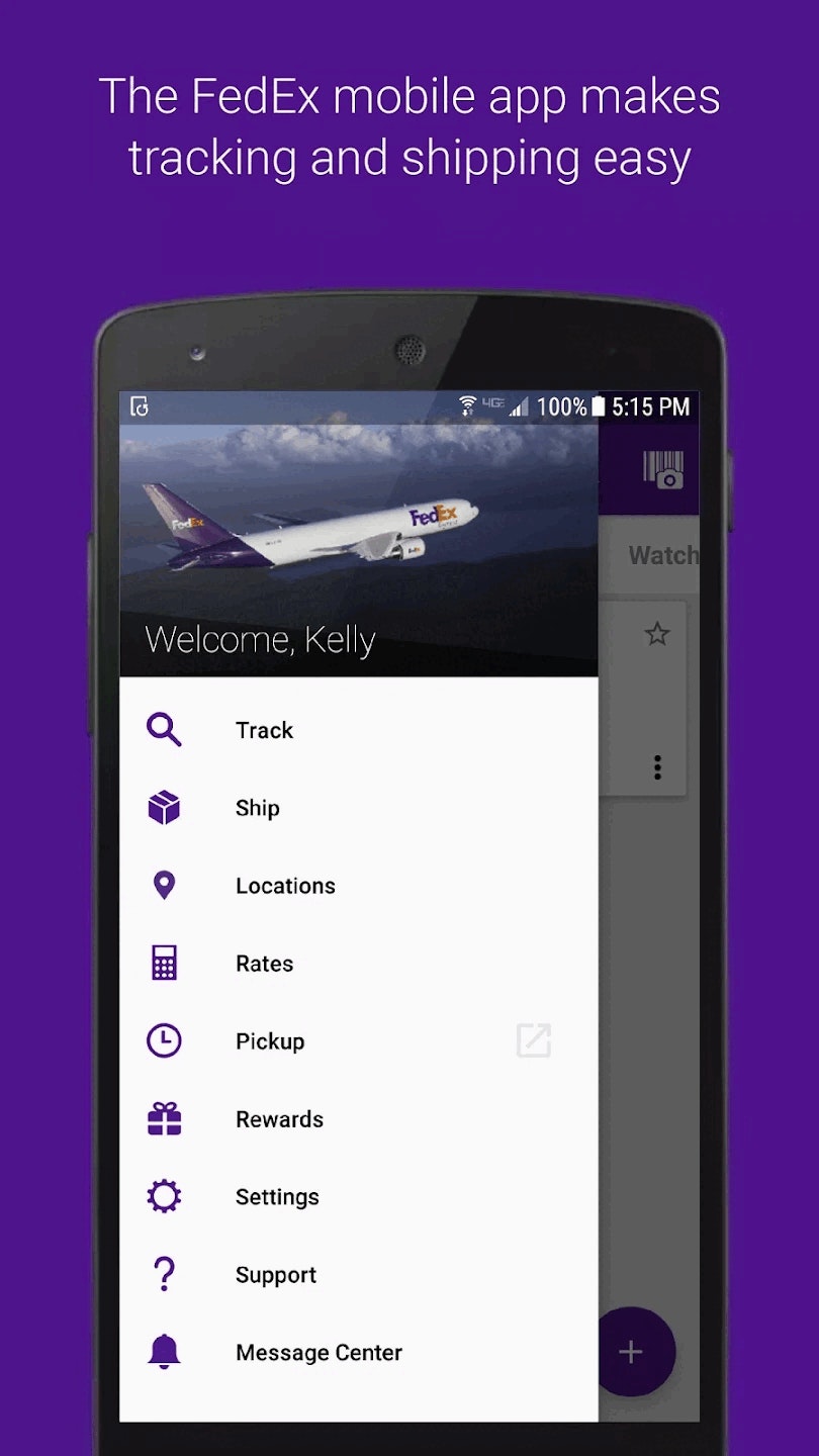 FedEx Delivery Manager mobile view with navigation drawer