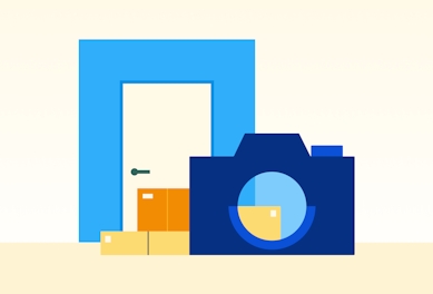 How to get secure and paperless electronic proof of delivery: Illustration of a camera photographing some packages left at the door.