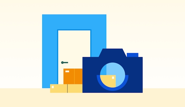 How to get secure and paperless electronic proof of delivery: Illustration of a camera photographing some packages left at the door.