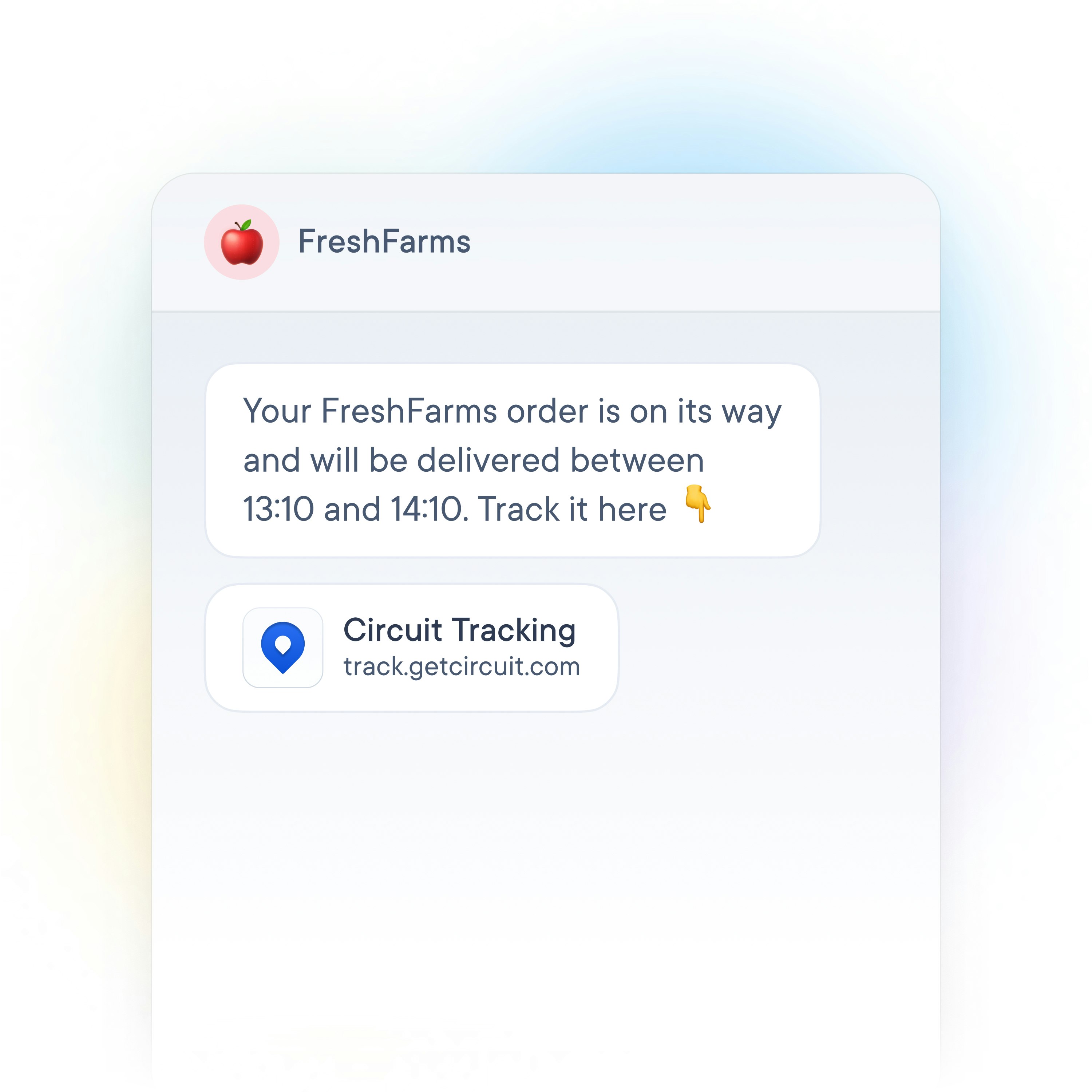 A text message that notifies the recipient that their package is on its way and will be delivered between 13:10 and 14:10. There is also a tracking link.