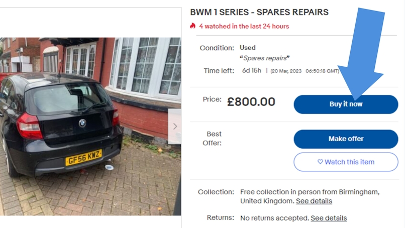 A computer screen displaying the eBay website and an arrow hovering over the 'Buy it now' button.