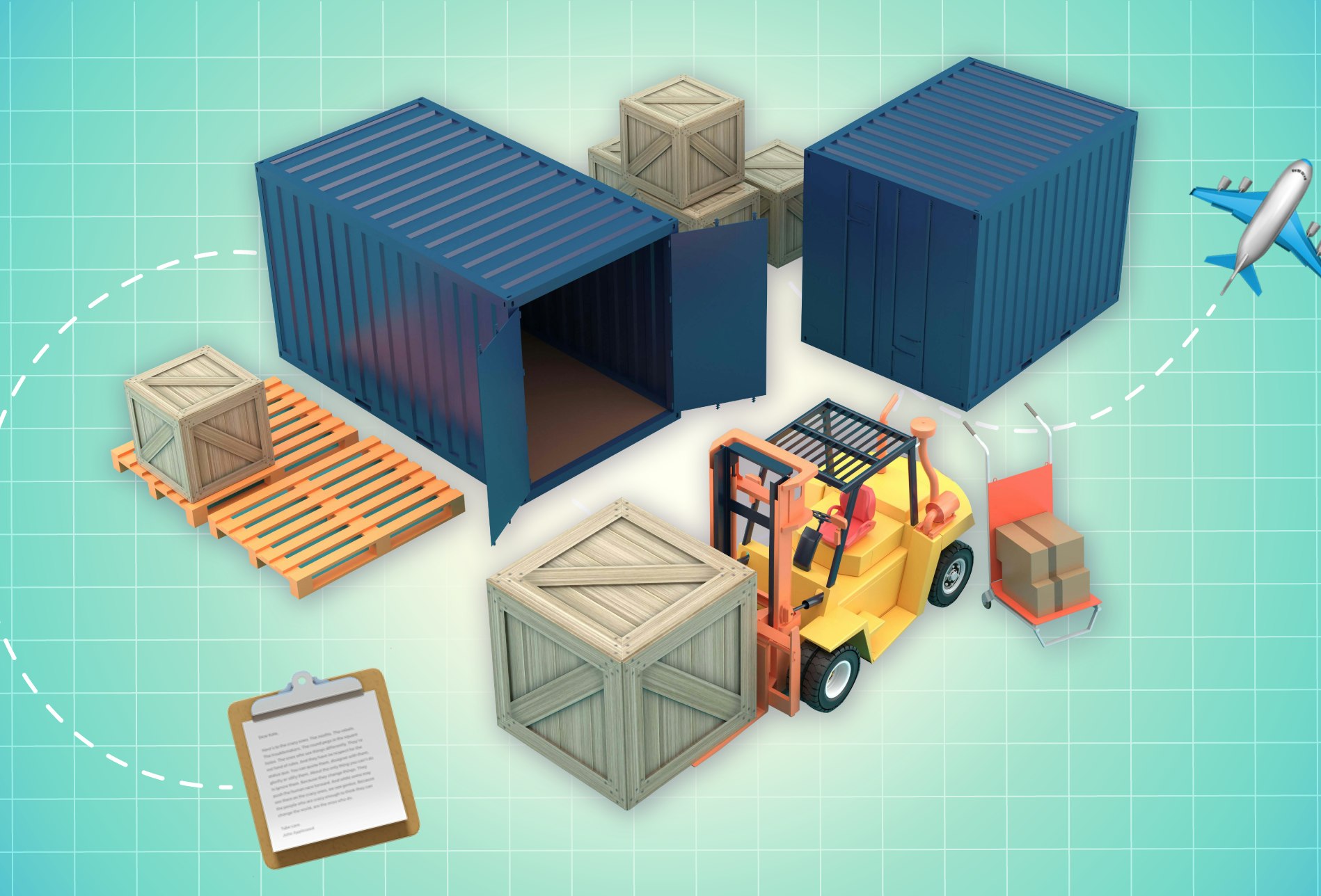 A blue rectangular banner with shipping containers and a forklift truck with a grey crate. An airplane is flying out of the top-right.