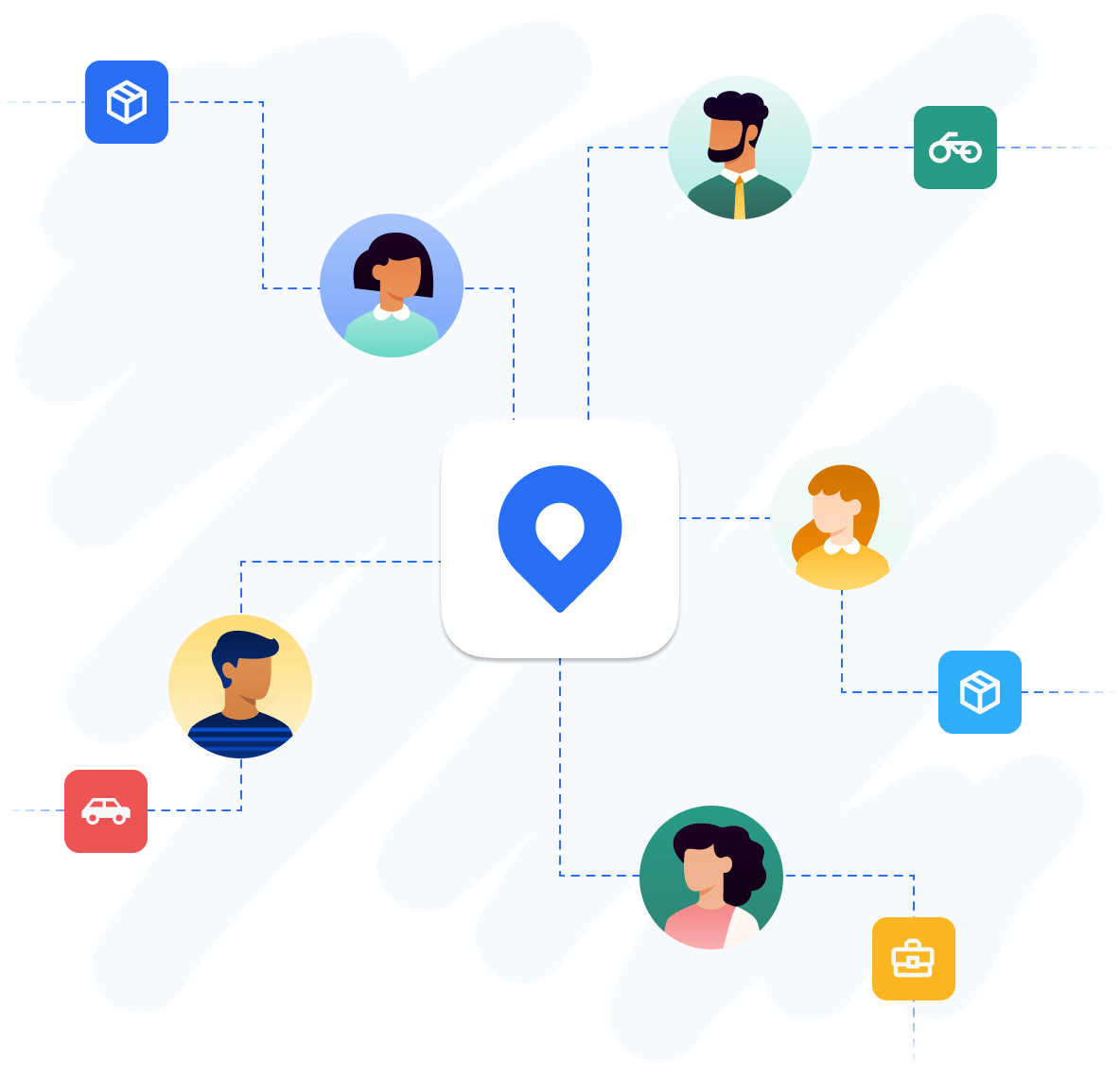 Infographic showing a centralized location point connected to various delivery and transportation icons