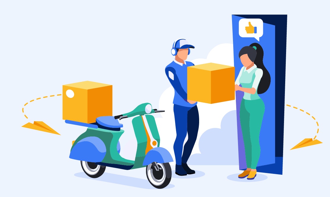 A delivery driver carrying a package to a customer's doorstep. The driver is wearing a blue uniform and a cap with the company logo. The package is a brown box with the company logo on it. The customer's house can be seen in the background, with a neatly trimmed lawn and a small garden. The image suggests a reliable and efficient delivery service that meets customer expectations.