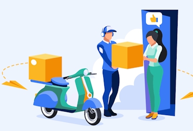 A delivery driver carrying a package to a customer's doorstep. The driver is wearing a blue uniform and a cap with the company logo. The package is a brown box with the company logo on it. The customer's house can be seen in the background, with a neatly trimmed lawn and a small garden. The image suggests a reliable and efficient delivery service that meets customer expectations.