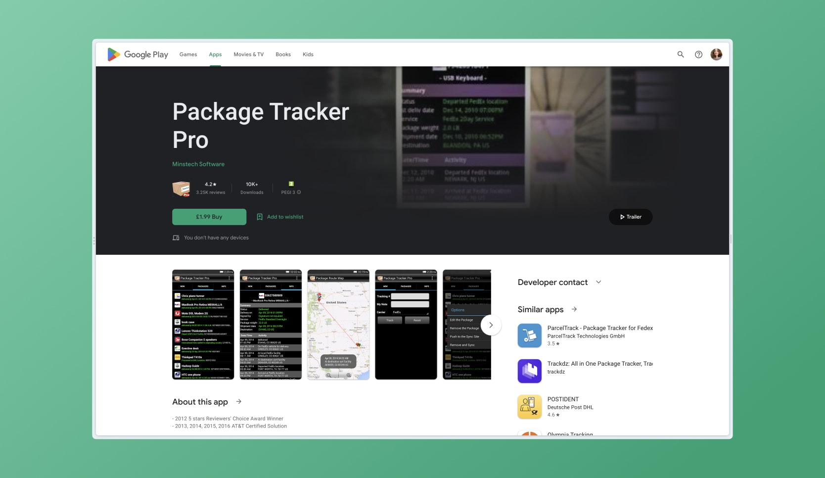 Google Playstore page for Package Tracker Pro