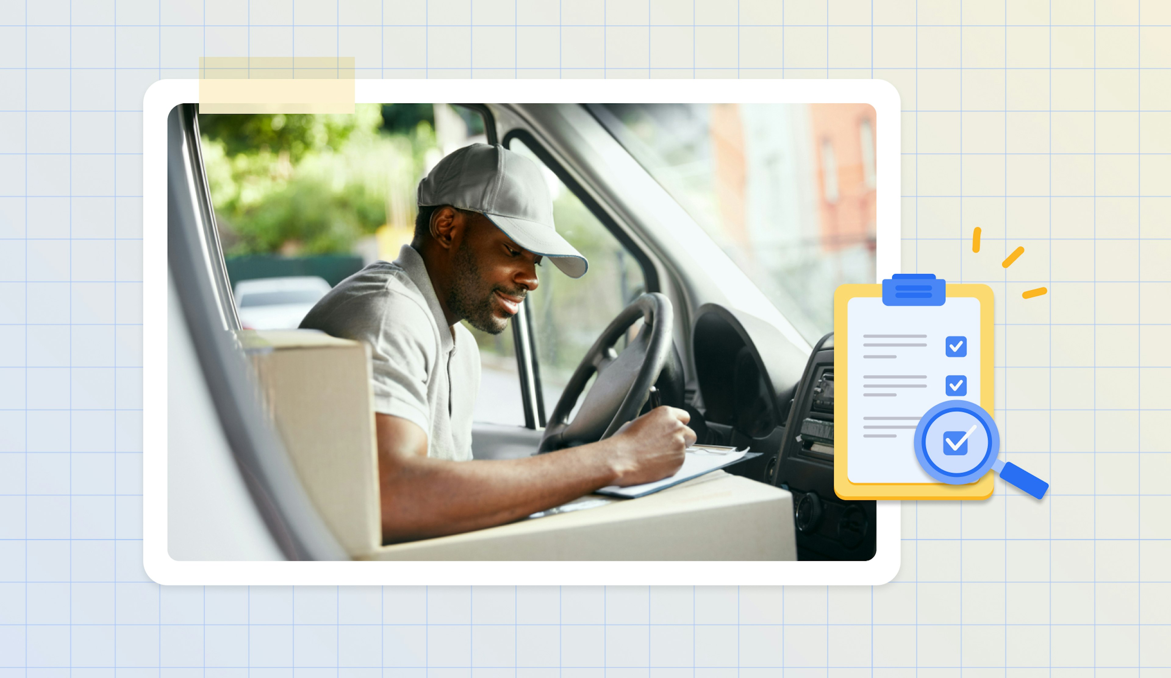 How to get courier contracts. Upper body of a courier driver in a vehicle writing a note whilst leaning on a white box.