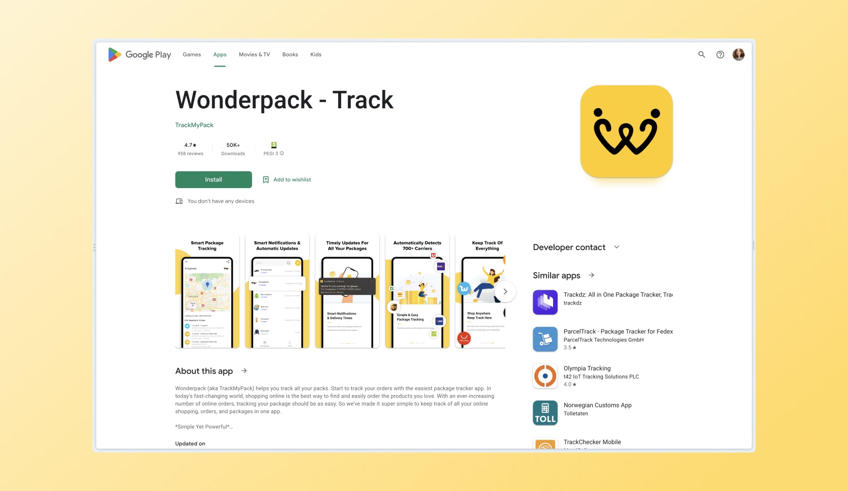 Google Playstore page for TrackMyPack