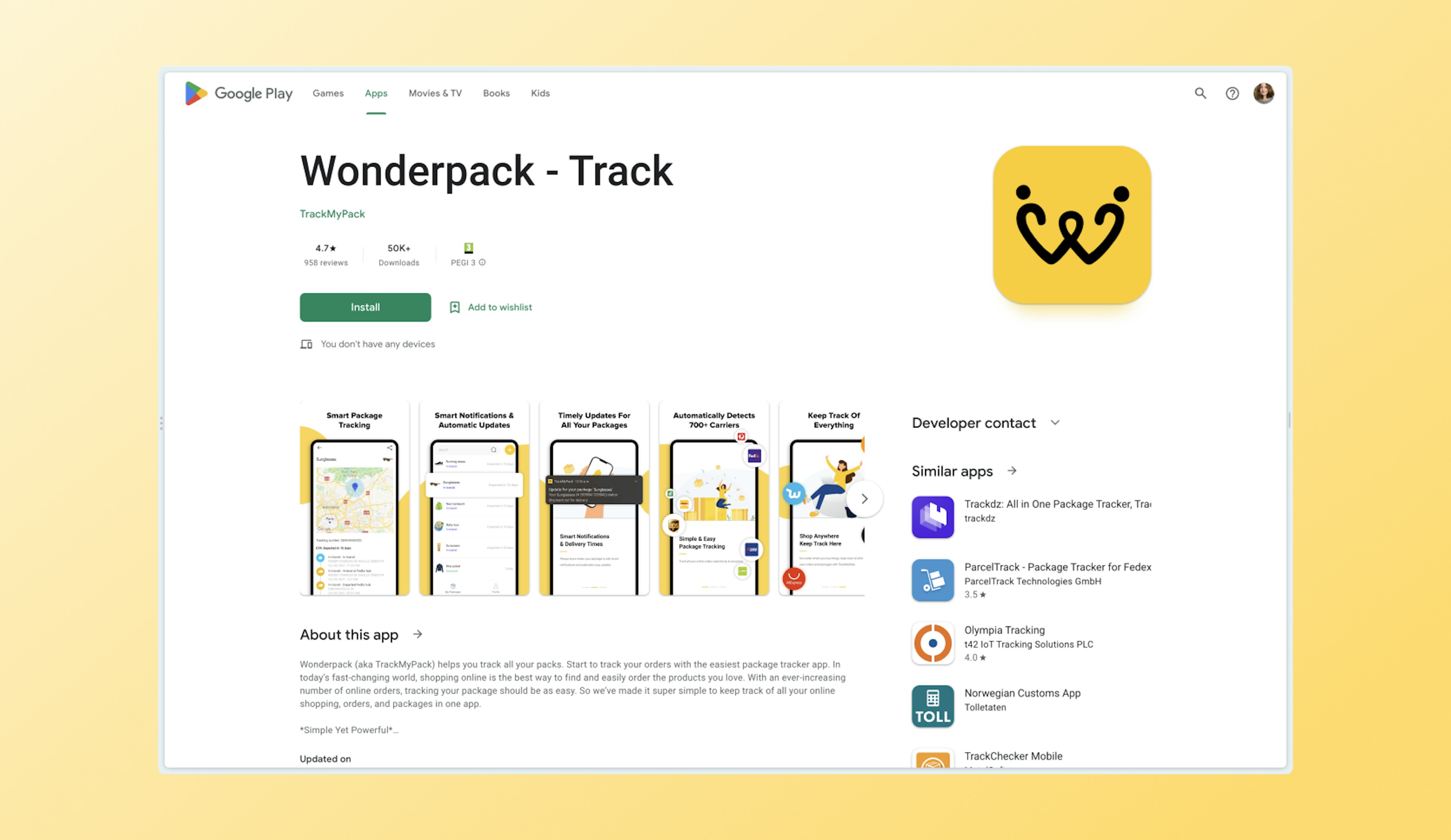 Google Playstore page for TrackMyPack