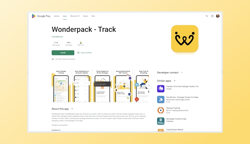 Google Playstore page for TrackMyPack