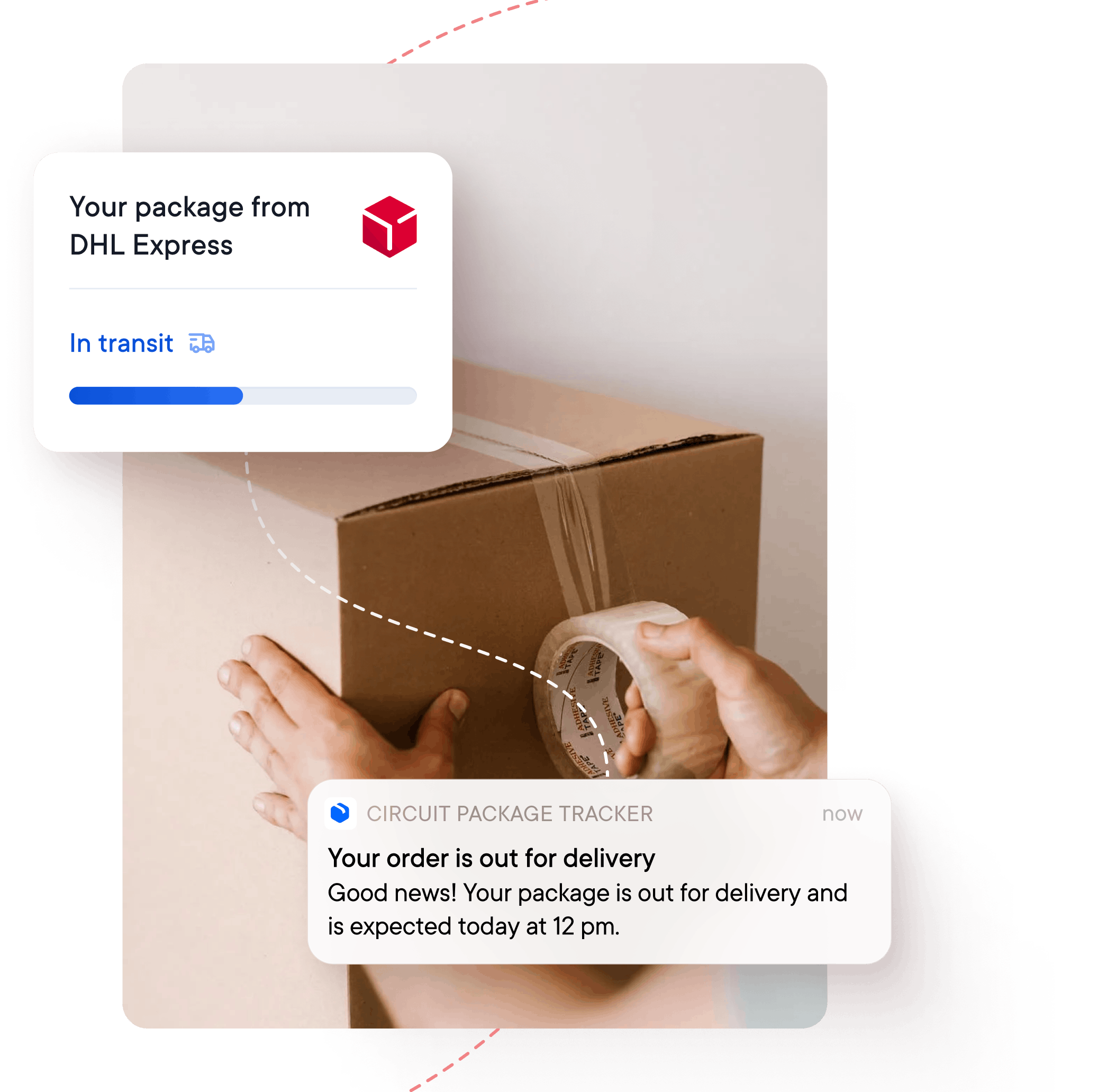 Close up of two hands holding and wrapping parcel tape around a brown cardboard box. Above is a Circuit Package Tracker app notification with an "in transit" status. Below is a Circuit Package Tracker app notification that an item is out for delivery.