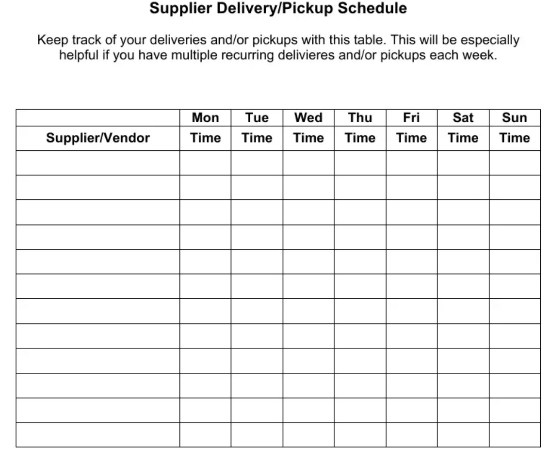 Weekly supplier delivery/pickup schedule template with daily time slots for tracking recurring shipments