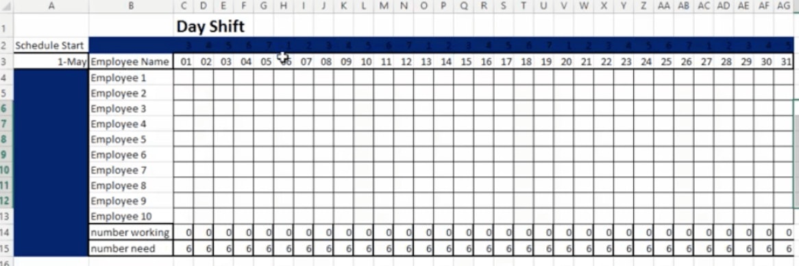Day shift schedule template with employee names and daily attendance tracking for the month