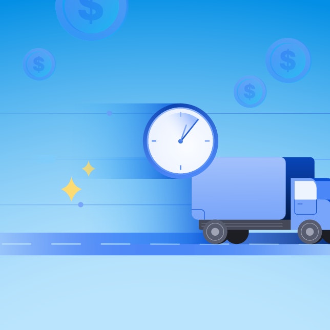 Illustration of a speedy delivery truck with a clock on a blue, coin-adorned background