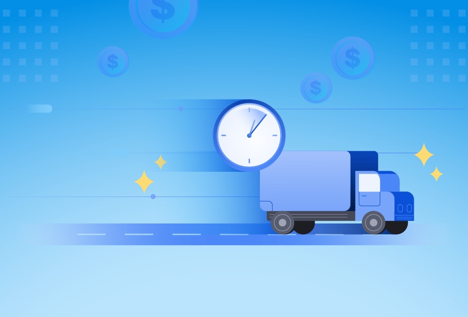 Illustration of a speedy delivery truck with a clock on a blue, coin-adorned background