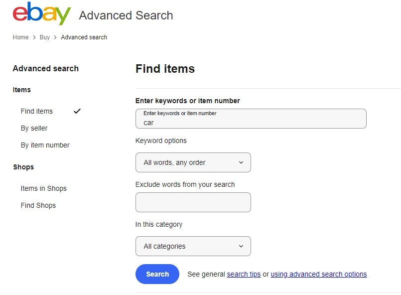 eBay's Advanced Search Page, displaying s a search bar at the top, followed by various filters that allow users to narrow down their search results based on a number of criteria. These filters include options such as category, price range, condition, seller location, and more.
