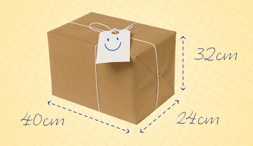 brown paper-wrapped package showing zixe dimensions