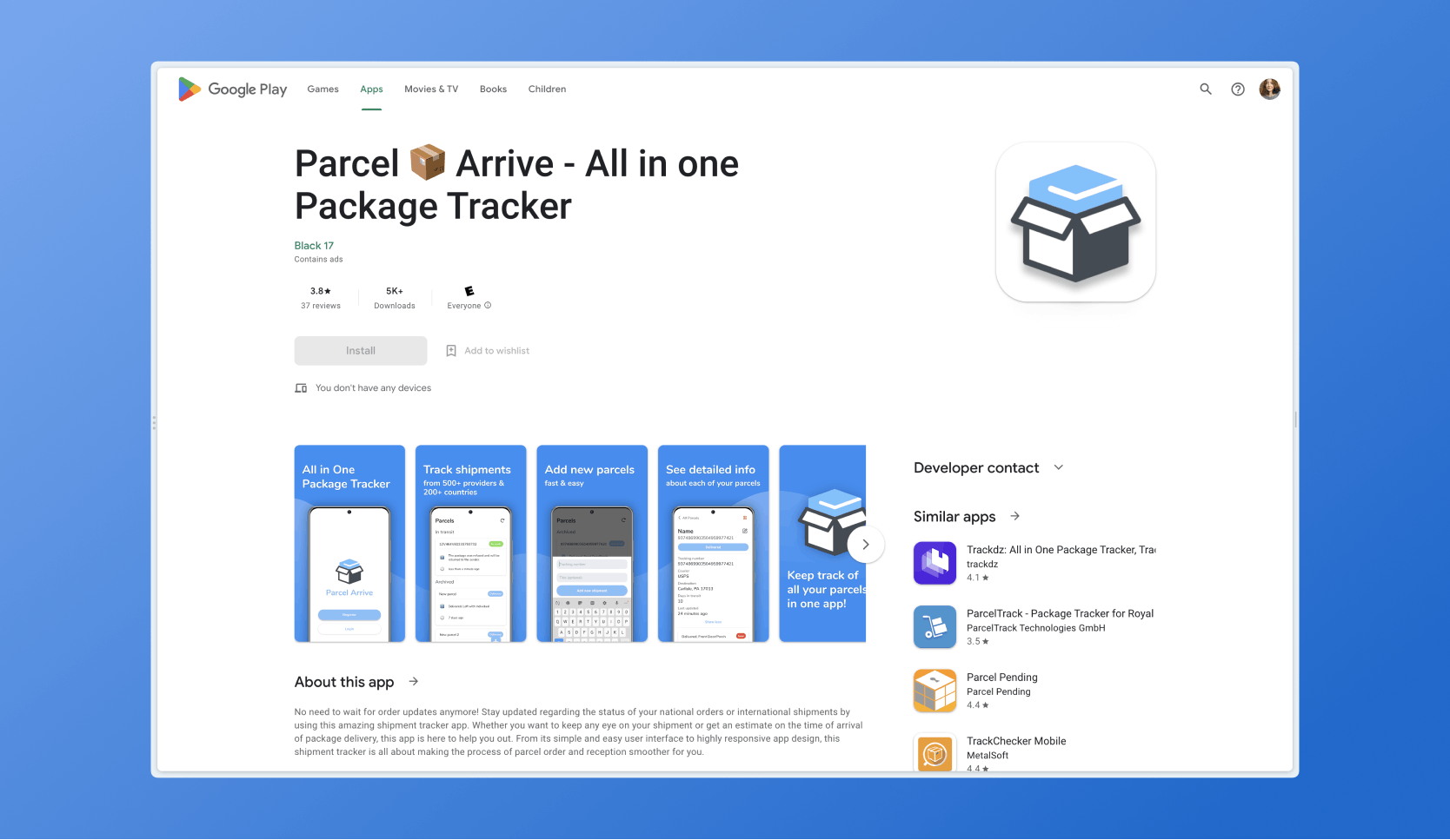 Google Playstore page for the package tracking app "Package Arrive"