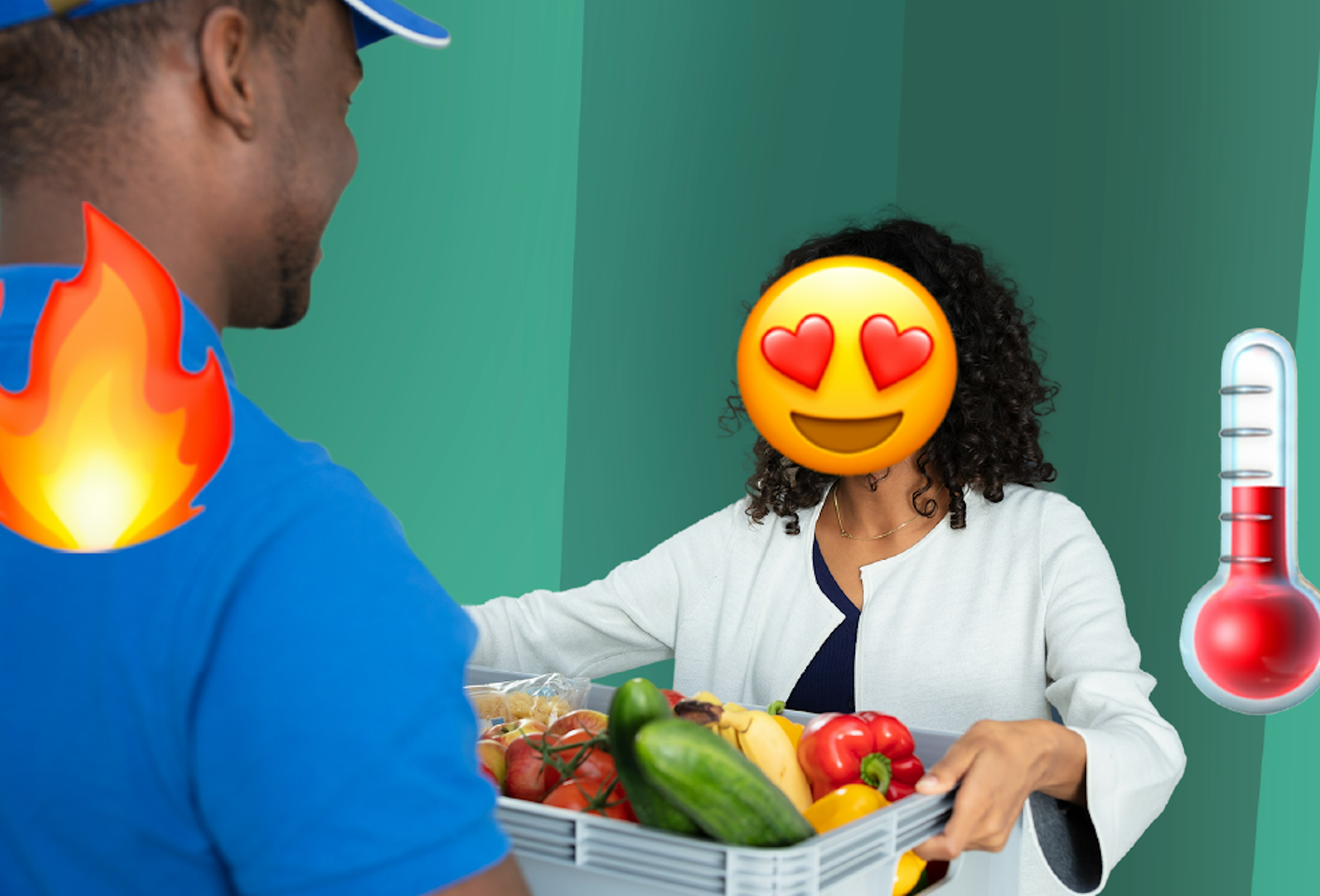 Grocery delivery driver in a blue baseball hat and shirt passing a crate of vegetables to a customer. The customer has a happy face with heart eyes emoji as their head