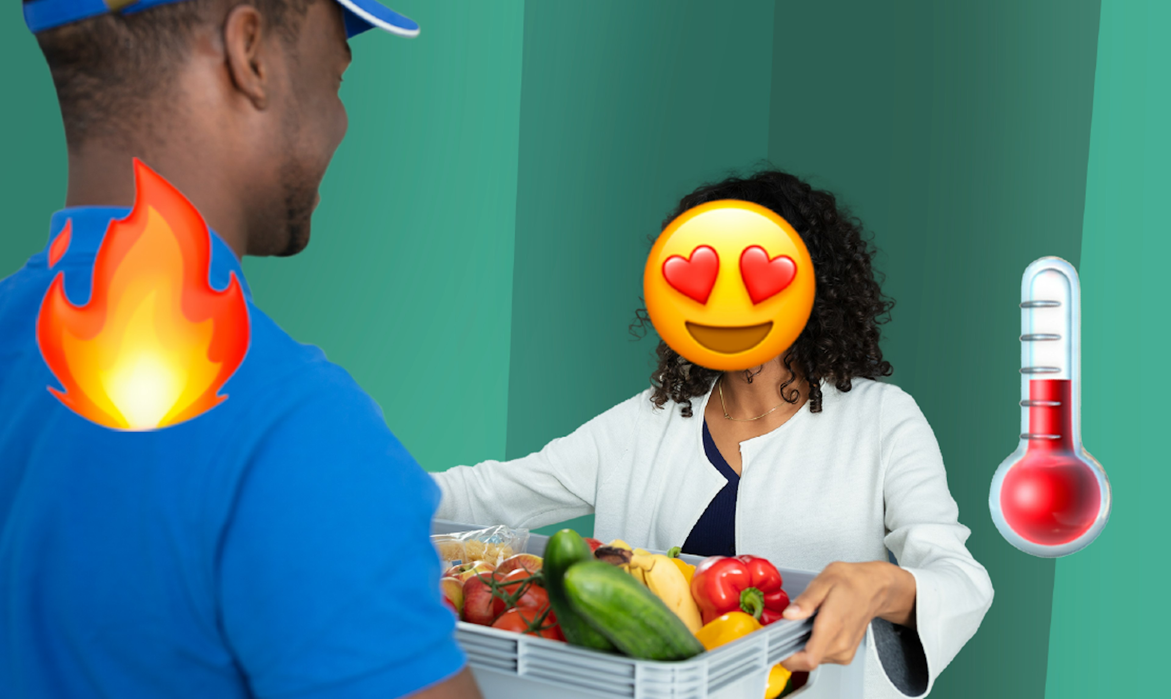 Grocery delivery driver in a blue baseball hat and shirt passing a crate of vegetables to a customer. The customer has a happy face with heart eyes emoji as their head
