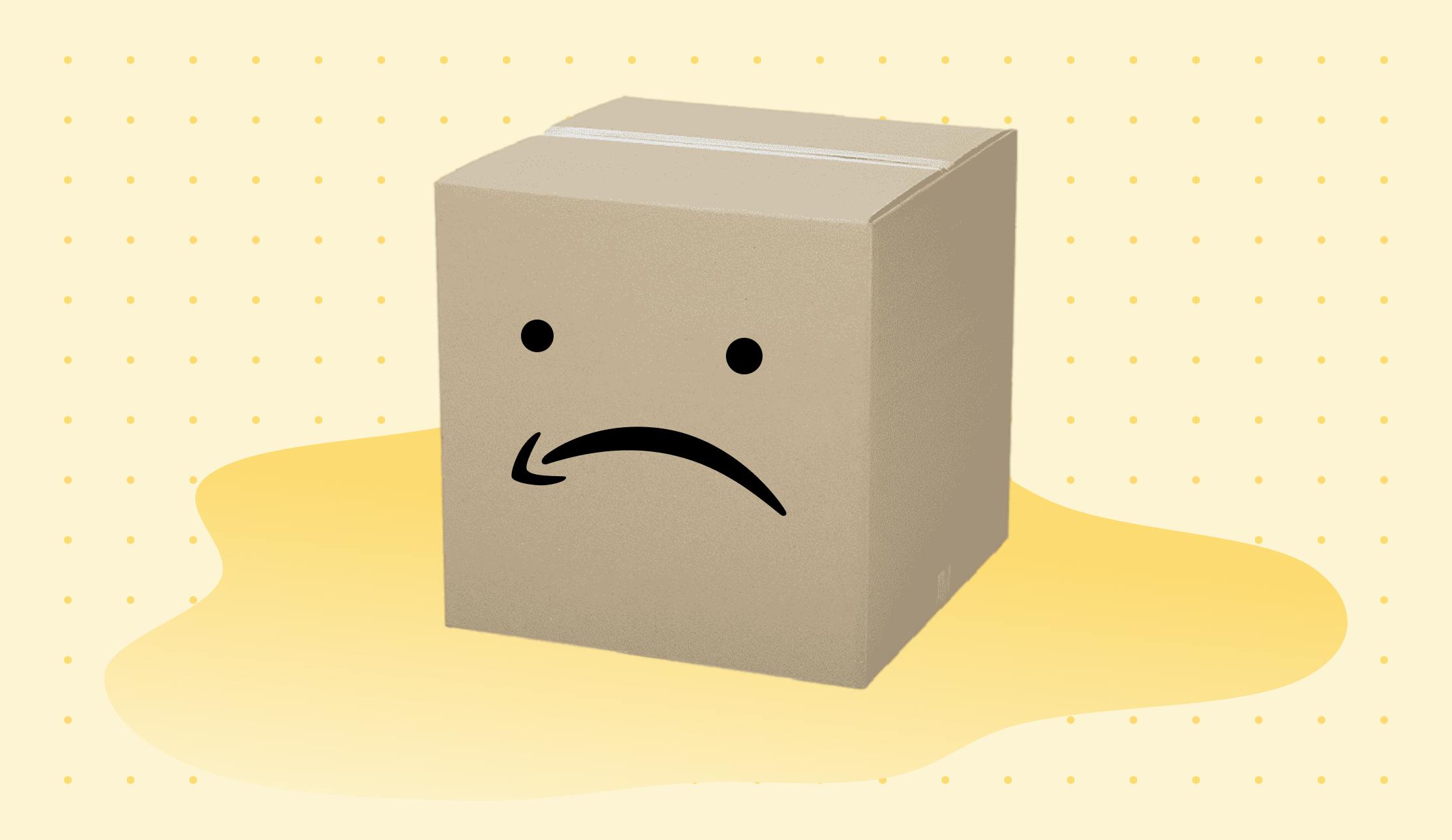 Shipping damage: Delivery package box with a sad face using the Amazon smile logo