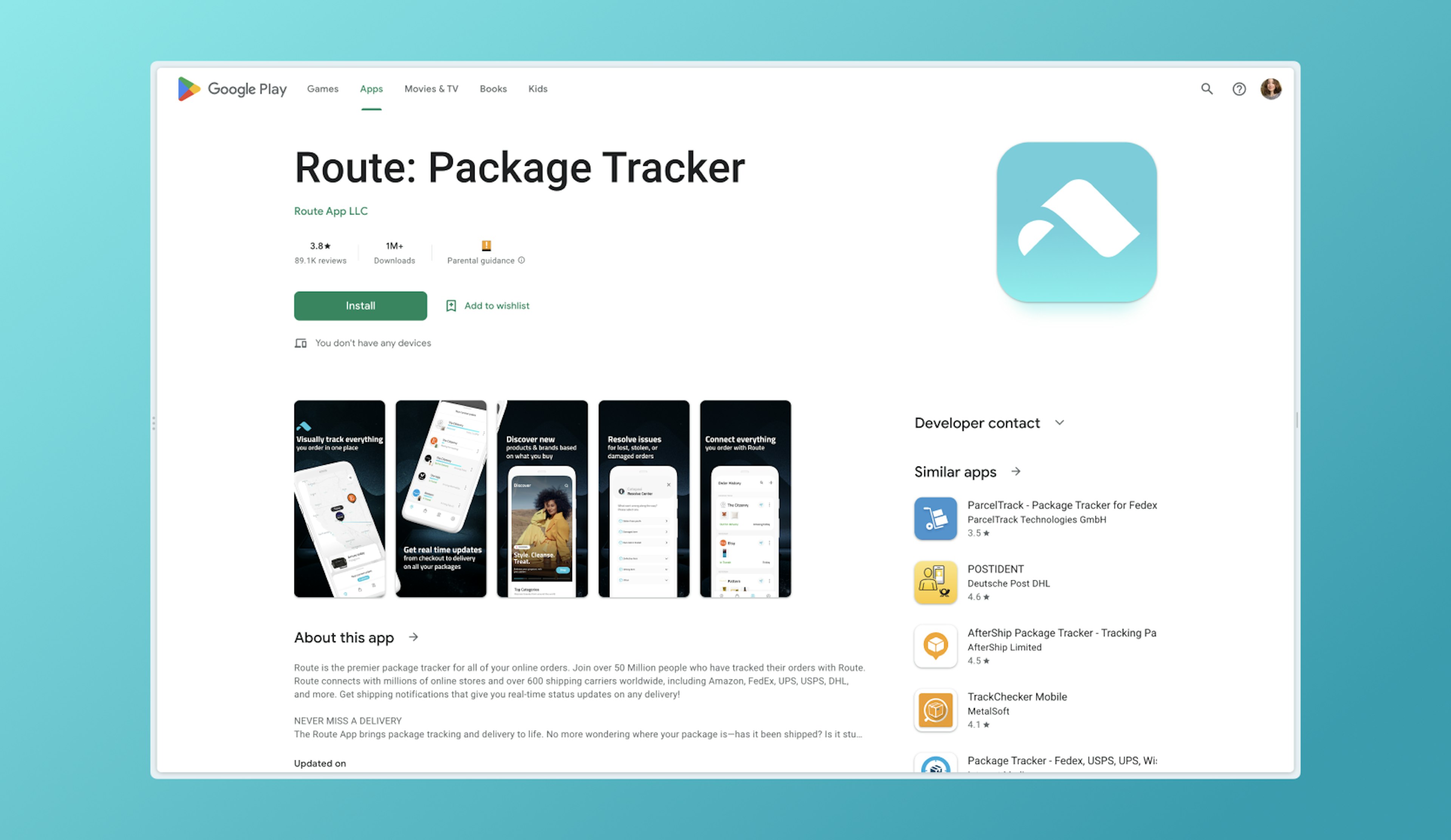 Google Playstore page for Route: Package Tracker