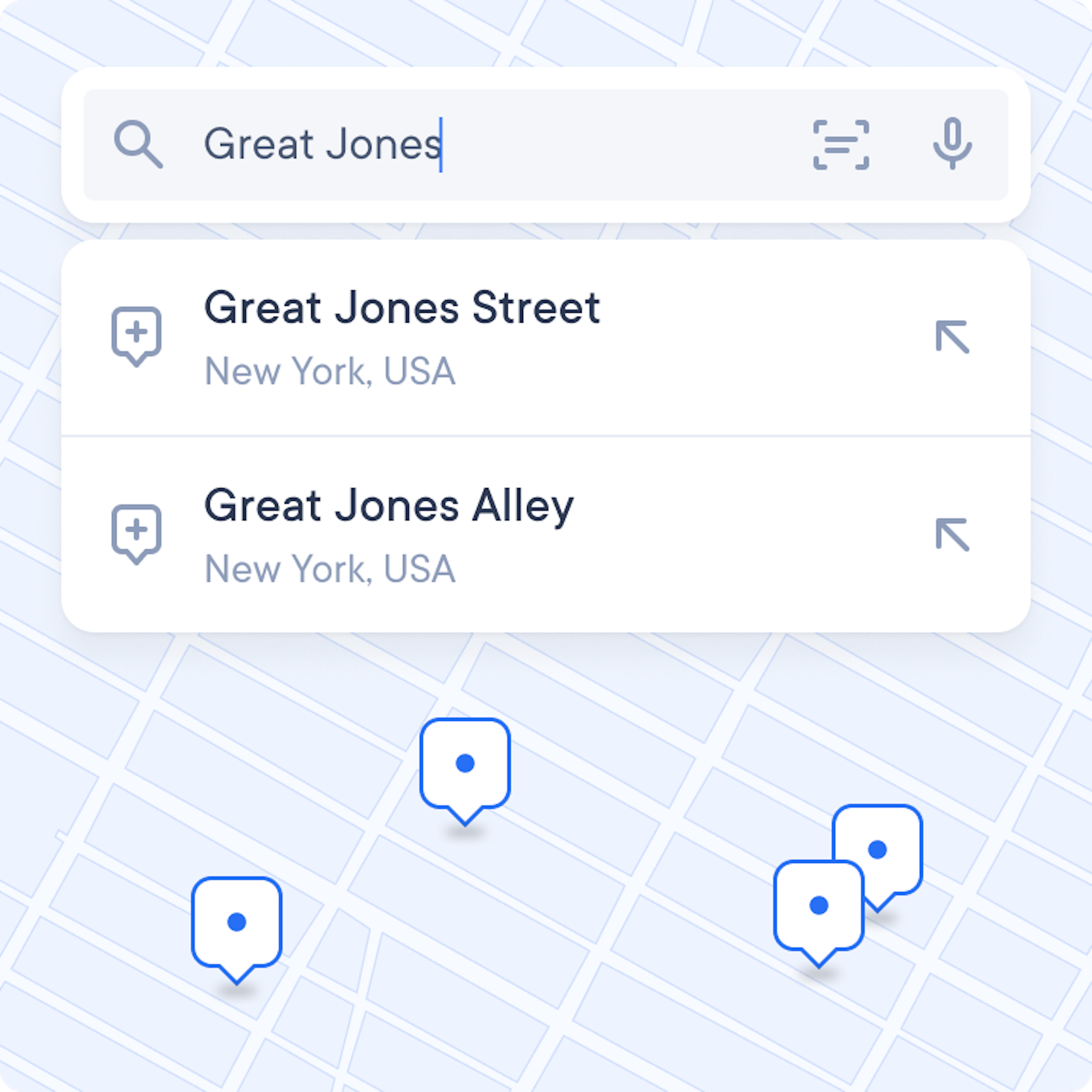 Map with delivery stops, address search menu with icons for address scanning and voice search