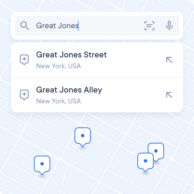 Map with delivery stops, address search menu with icons for address scanning and voice search