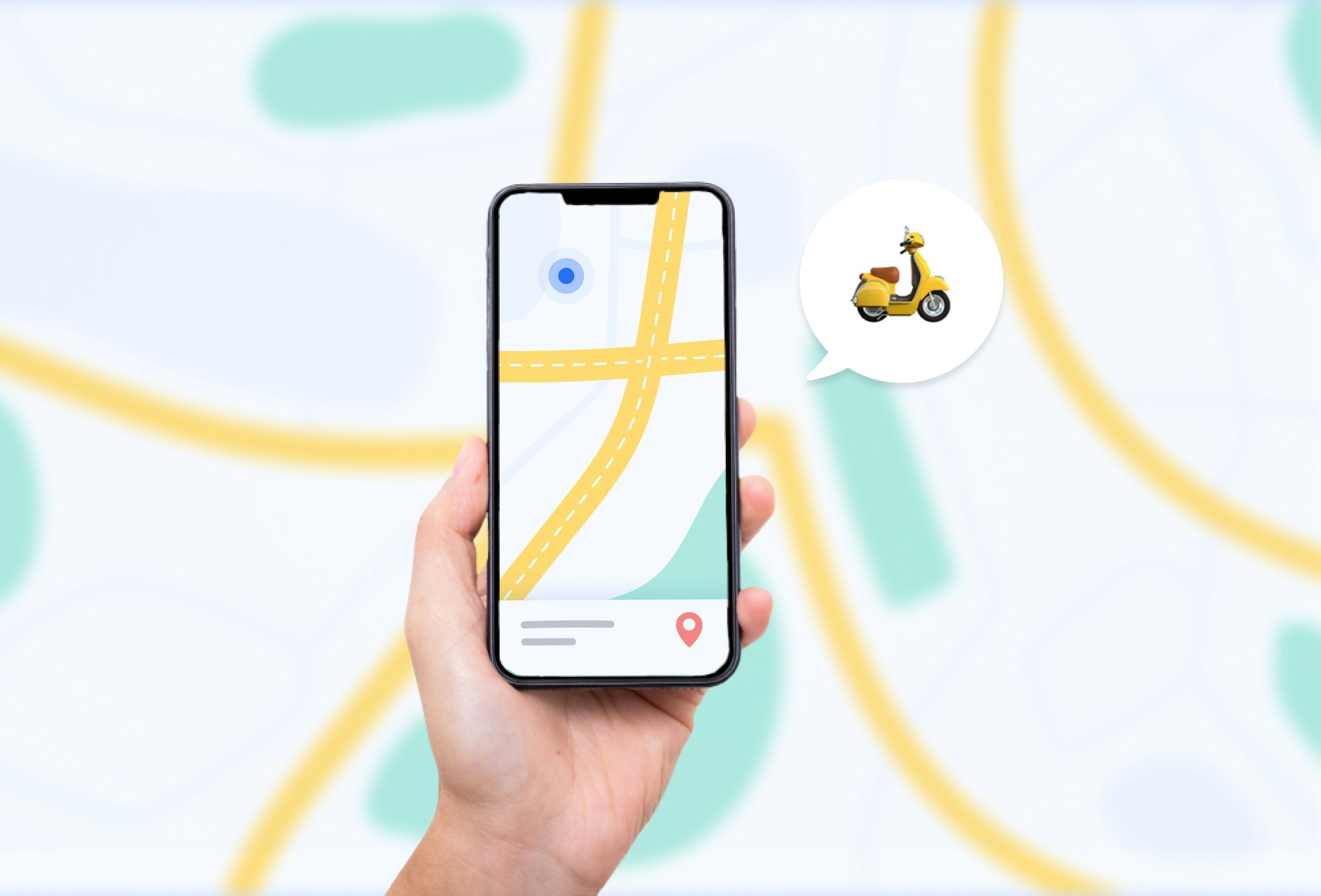 Close-up hand holding an iPhone displaying an example of direct to consumer delivery, including map with a rider on the route.
