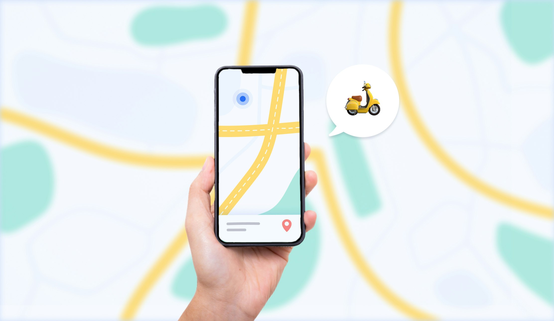 Close-up hand holding an iPhone displaying an example of direct to consumer delivery, including map with a rider on the route.