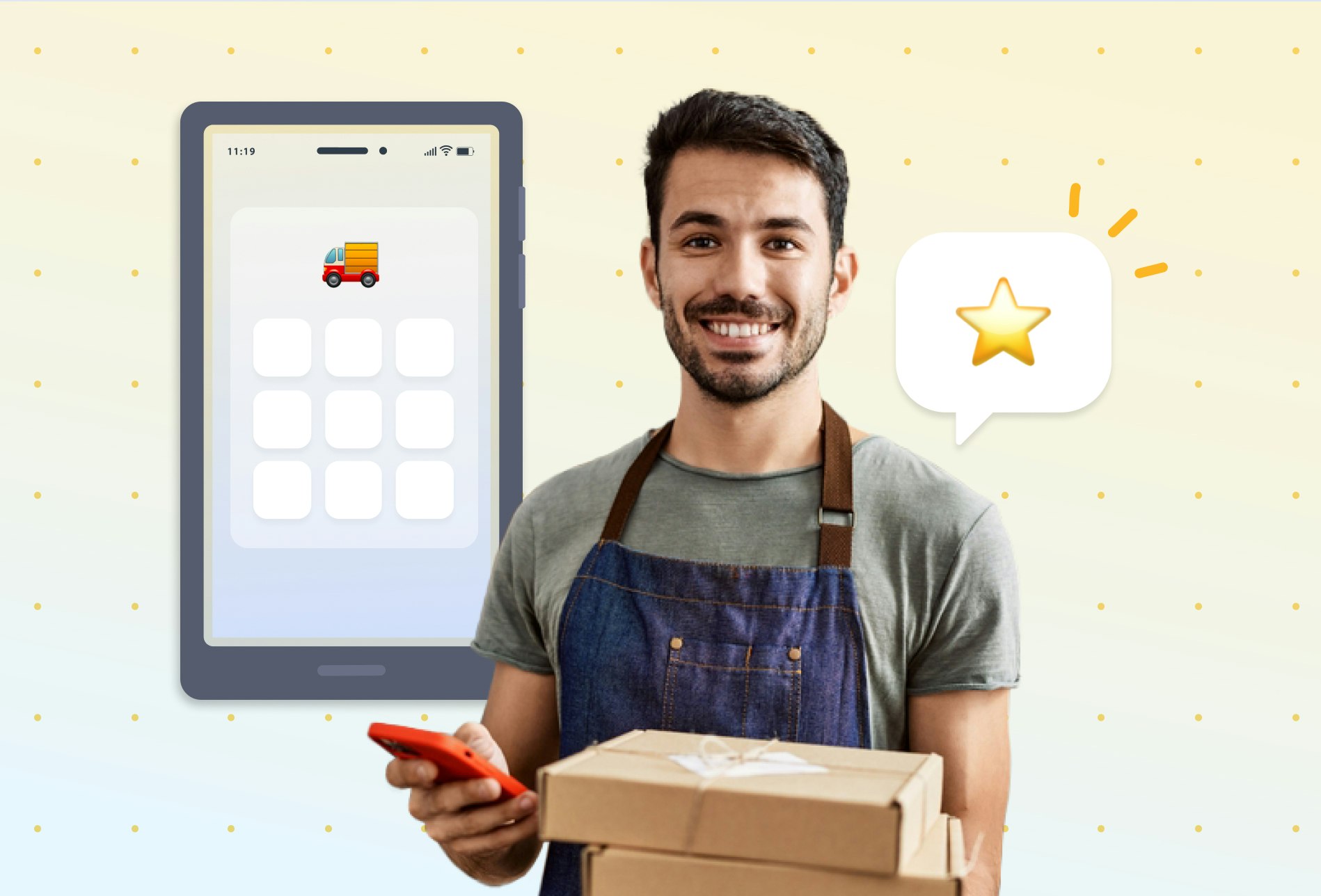 White, male delivery driver with a beard, holding a mobile phone and smiling. He carries two brown packages in his left hand. The background has a mobile phone featuring a delivery truck icon.