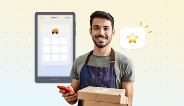 White, male delivery driver with a beard, holding a mobile phone and smiling. He carries two brown packages in his left hand. The background has a mobile phone featuring a delivery truck icon.