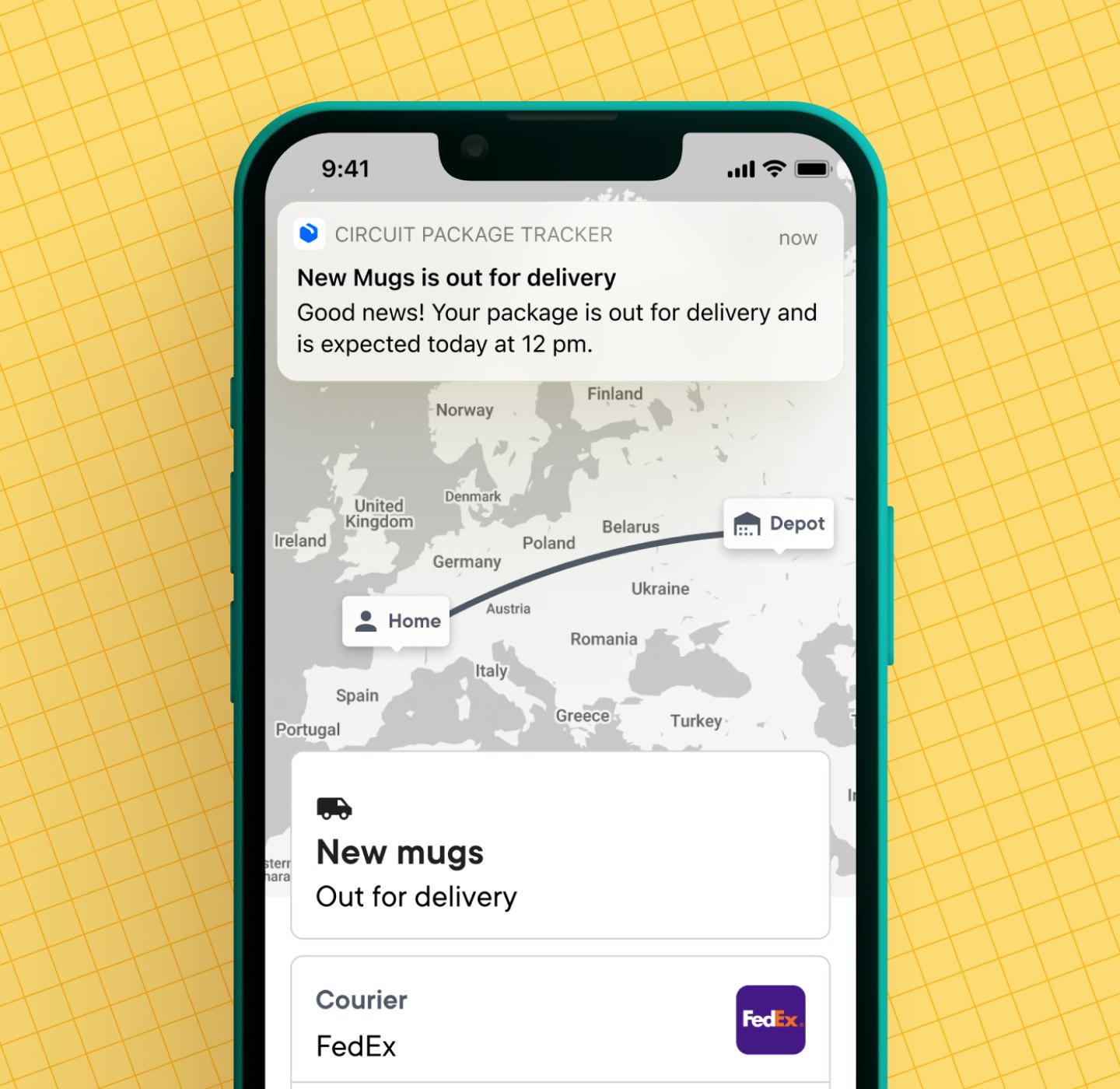 Smartphone notification from Circuit Package Tracker indicating 'New Mugs' package is out for delivery by FedEx with expected arrival at 12 pm, displayed over a map background