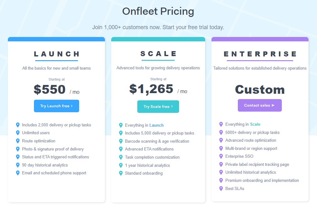 onfleet pricing chart